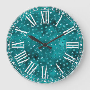 Teal Ombre Glam Glitter Polka Dots Pattern Large Clock