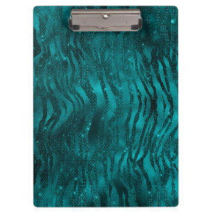 Teal Ombre Glam Glitter Tiger Stripes Pattern Clipboard