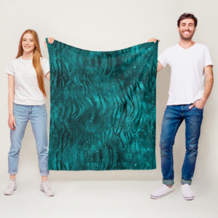 Teal Ombre Glam Glitter Tiger Stripes Pattern Fleece Blanket