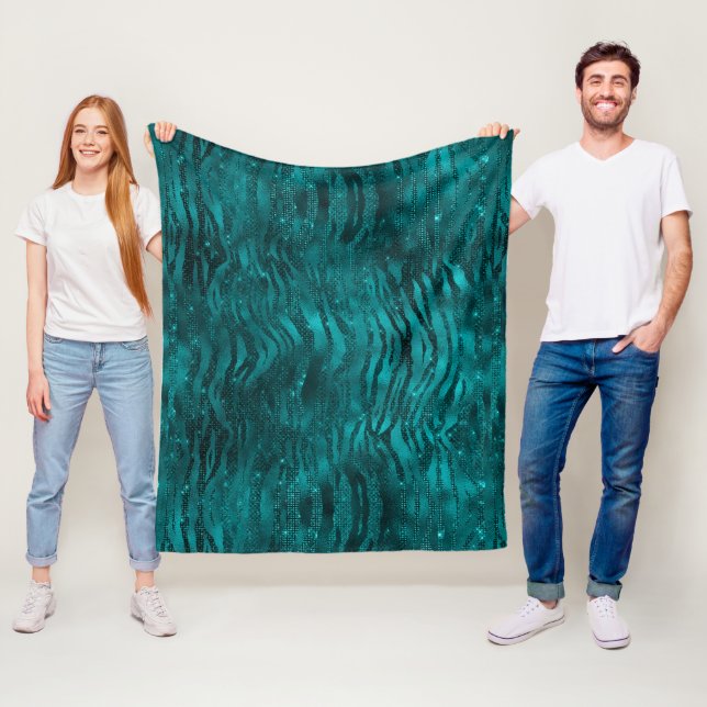 Teal Ombre Glam Glitter Tiger Stripes Pattern Fleece Blanket (In Situ)