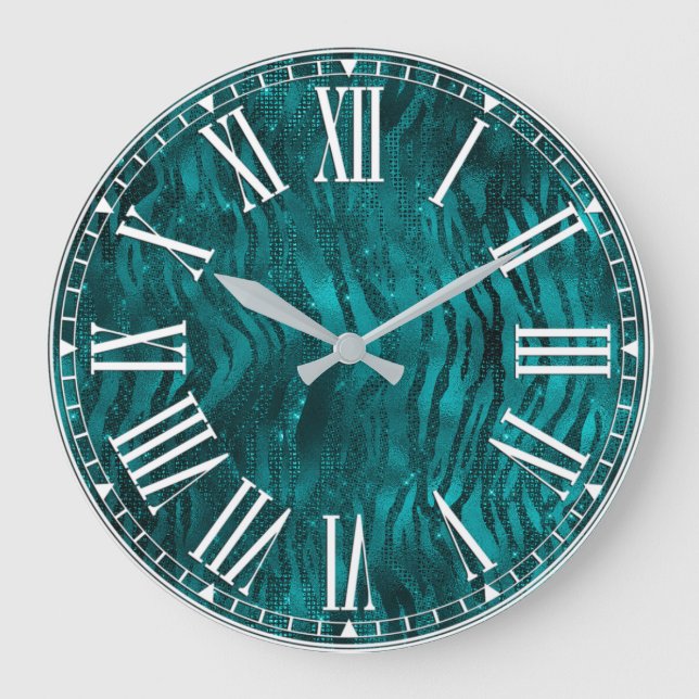 Teal Ombre Glam Glitter Tiger Stripes Pattern Large Clock (Front)