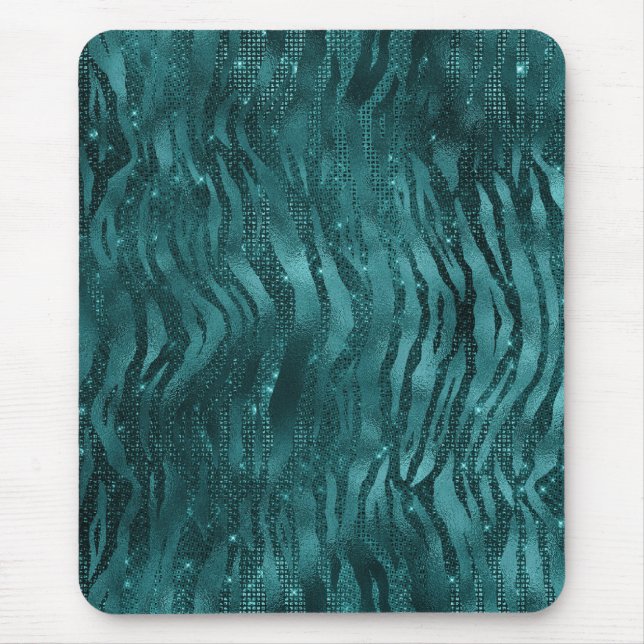 Teal Ombre Glam Glitter Tiger Stripes Pattern Mouse Pad (Front)