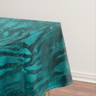 Teal Ombre Glam Glitter Tiger Stripes Pattern Tablecloth