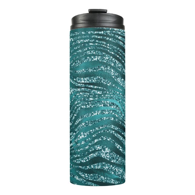 Teal Ombre Glam Glitter Tiger Stripes Pattern Thermal Tumbler (Front)