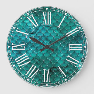 Teal Ombre Glam Mermaid Scales Pattern Large Clock