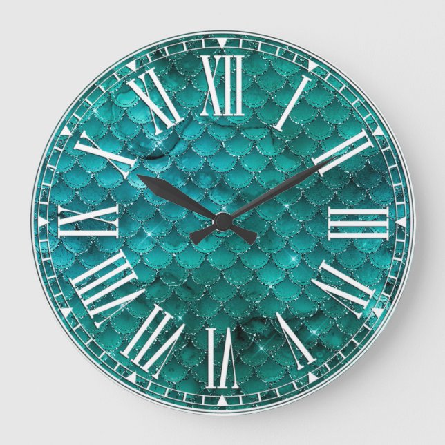 Teal Ombre Glam Mermaid Scales Pattern Large Clock (Front)