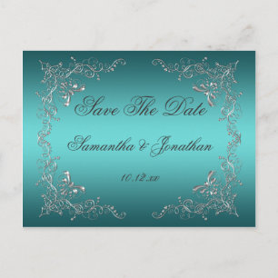 Teal Ombre Ornate Silver Swirls Save The Date Announcement Postcard