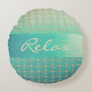Teal Ombre Pattern and Geometric Tile Round Pillow