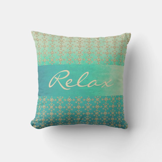 Teal Ombre Pattern and Geometric Tile Throw Pillow (Front)