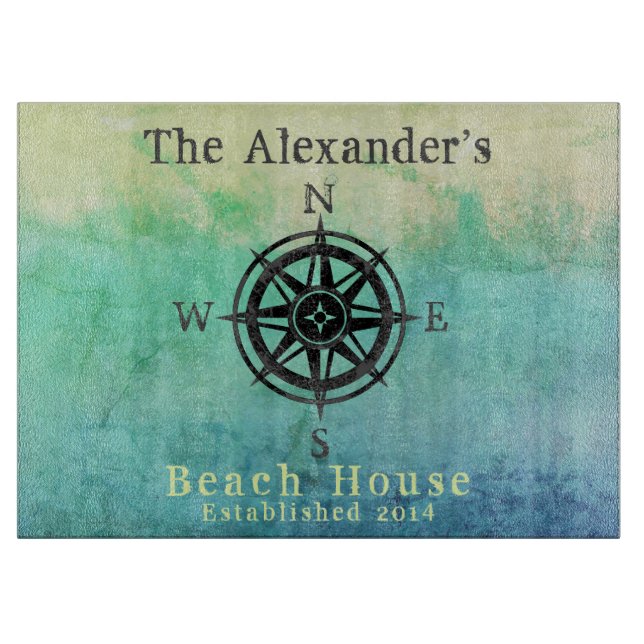 Teal Ombre Sea Nautical Monogram Cutting Board (Front)