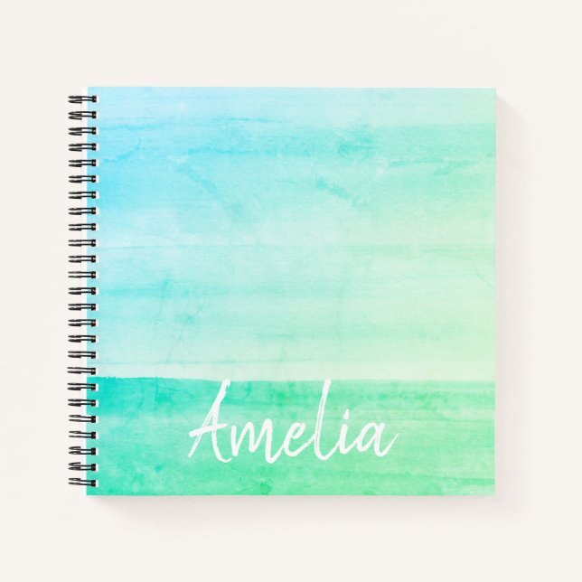 Teal Ombre Watercolor Personalized Notebook (Front)