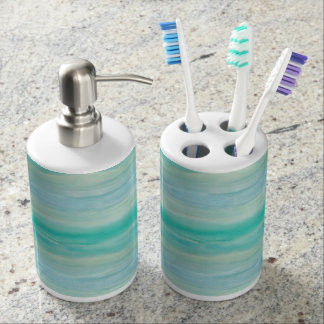 Teal Ombre Watercolor Soap Dispenser And Toothbrush Holder