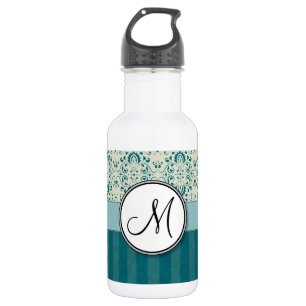 Teal on Cream Damask with Stripes and Monogram 532 Ml Water Bottle