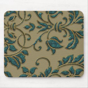 Teal on Tan Satin Damask Mouse Pad