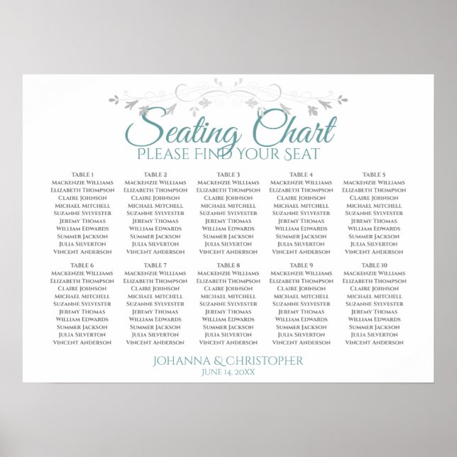 Teal on White 10 Table Wedding Seating Chart (Front)