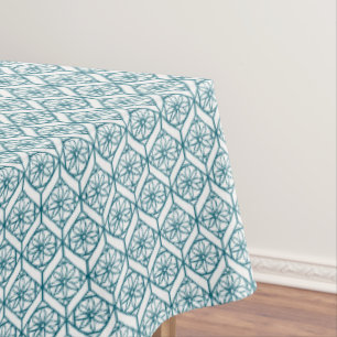 Teal on White Ethnic Pattern, Flowers, Chevrons Tablecloth