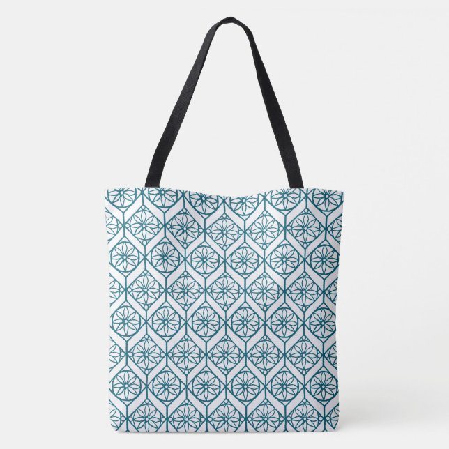 Teal on White Ethnic Pattern, Flowers, Chevrons Tote Bag (Back)