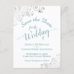 Teal on White Lacy Silver Wedding Save the Date Announcement Postcard