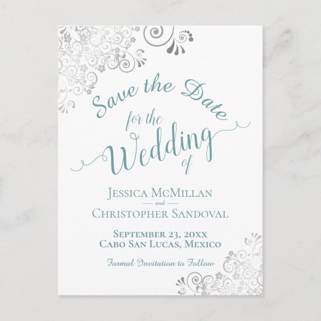 Teal on White Lacy Silver Wedding Save the Date Announcement Postcard (Front)