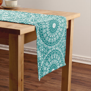 Teal on White Mandala Kaleidoscope Medallion Medium Table Runner