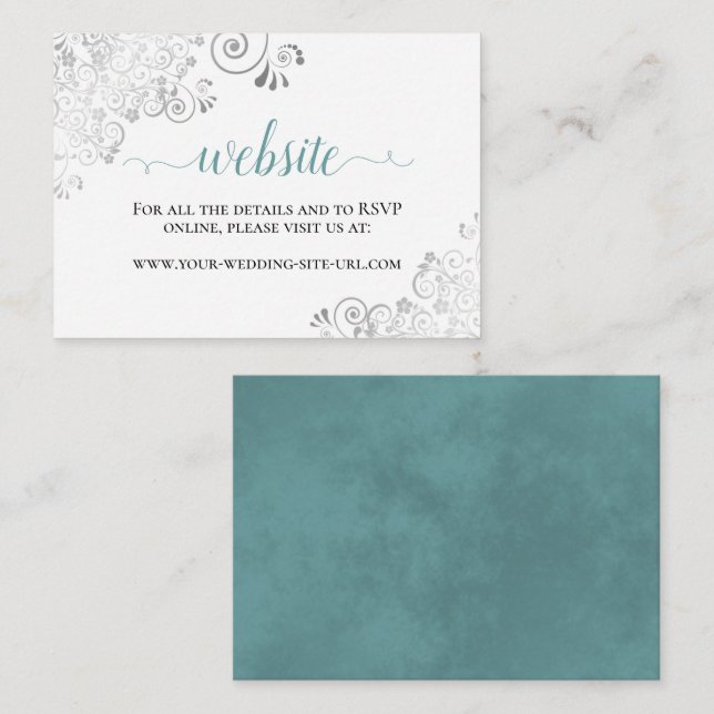 Teal on White with Silver Lace Wedding Website Enclosure Card (Front/Back)