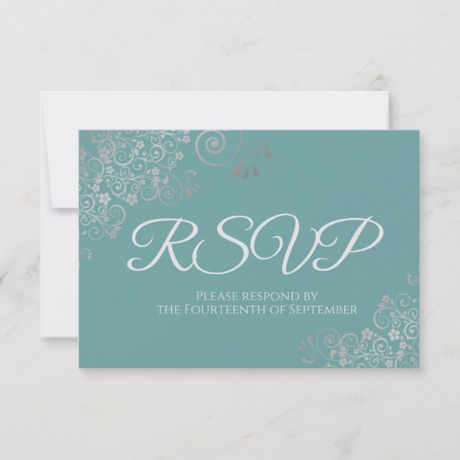 Teal or Turquoise Elegant Silver Lace Wedding RSVP Card (Front)