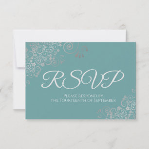 Teal or Turquoise Elegant Silver Lace Wedding RSVP Card