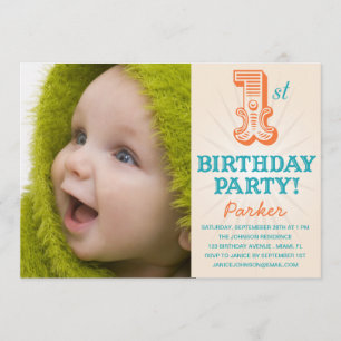 TEAL & ORANGE 1ST    FIRST BIRTHDAY INVITATION