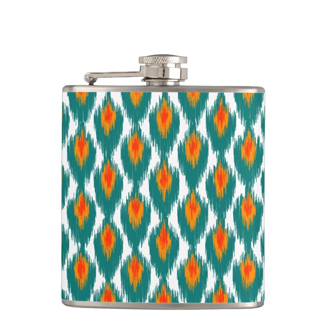 Teal Orange Abstract Tribal Ikat Diamond Pattern Hip Flask (Front)