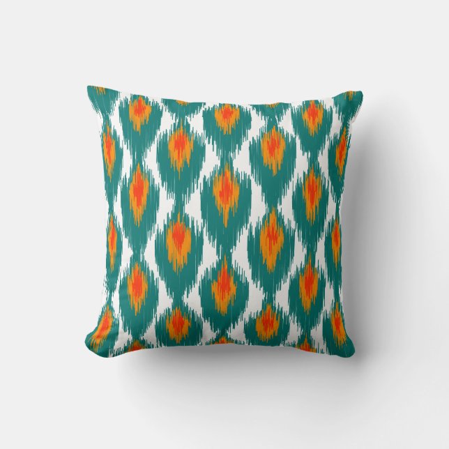 Teal Orange Abstract Tribal Ikat Diamond Pattern Throw Pillow (Front)