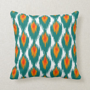 Teal Orange Abstract Tribal Ikat Diamond Pattern Throw Pillow