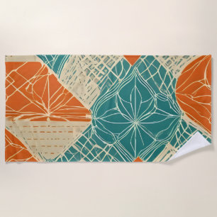 Teal, Orange, and Tan Abstract Flowers  Beach Towel