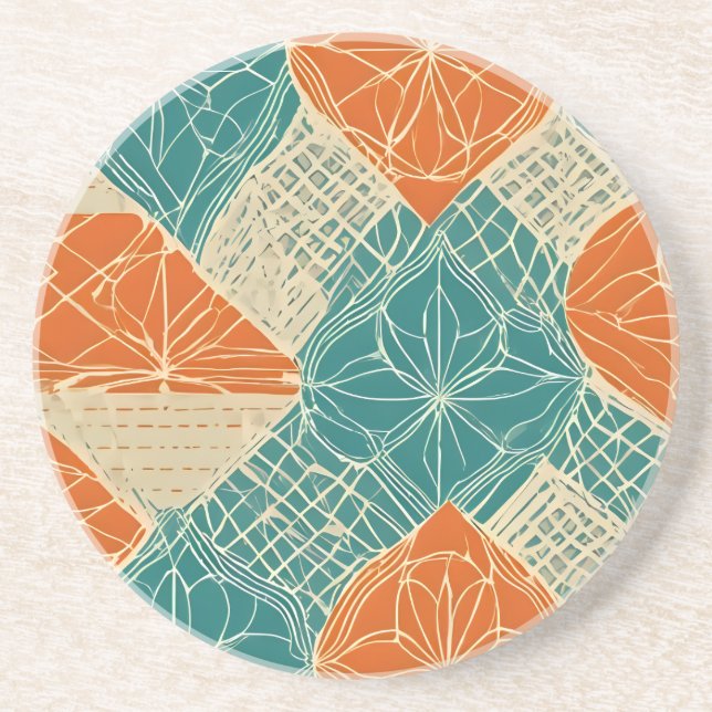Teal, Orange, and Tan Abstract Flowers Coaster (Front)