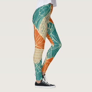 Teal, Orange, and Tan Abstract Flowers Leggings