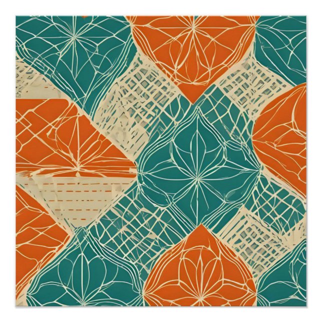 Teal, Orange, and Tan Abstract Flowers Poster (Front)