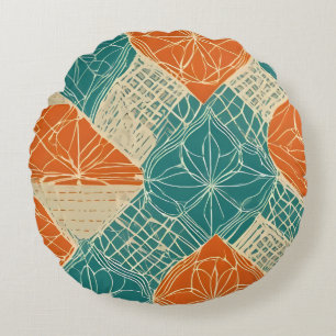 Teal, Orange, and Tan Abstract Flowers Round Pillow