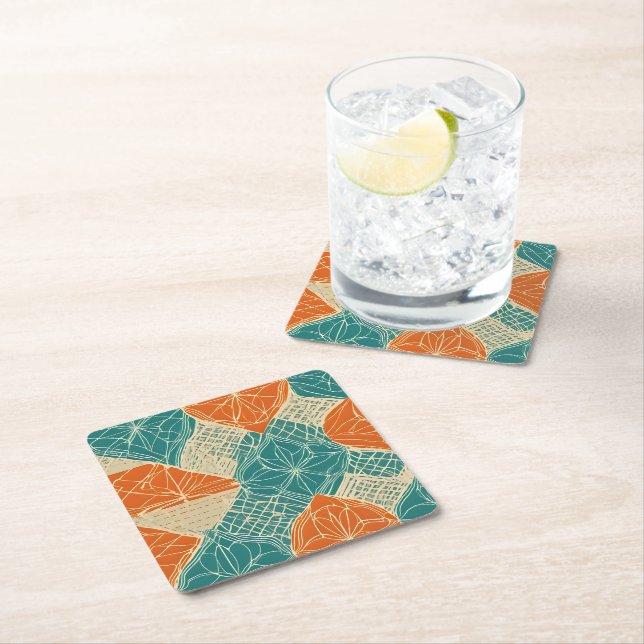 Teal, Orange, and Tan Abstract Flowers Square Paper Coaster (Insitu)