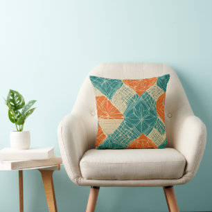 Teal, Orange, and Tan Abstract Flowers Throw Pillow