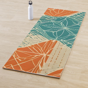 Teal, Orange, and Tan Abstract Flowers  Yoga Mat
