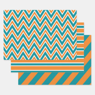 Teal, Orange, and White Chevron & Stripe Patterns Wrapping Paper Sheet