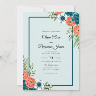Teal Orange Anemone Wedding Invitation