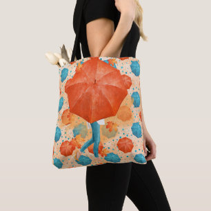 TEAL & ORANGE AUTUMN UMBRELLAS WITH WOMAN  TOTE BAG