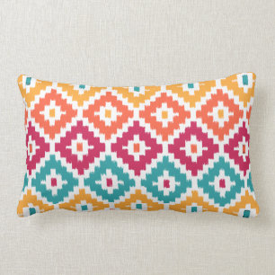 Teal Orange Aztec Tribal Print Ikat Diamond Pattrn Lumbar Pillow