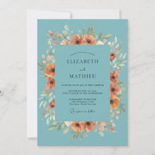Teal Orange Blossom Flourish Wedding Invitation