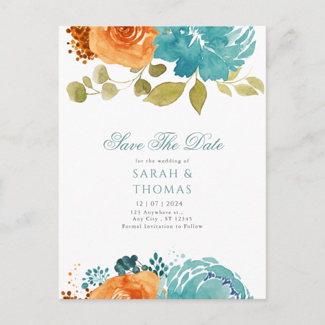 Teal Orange Boho Floral Fall Save The Date Postcard (Front)