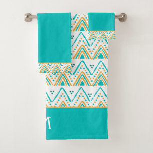 Teal Orange Boho Tribal Pattern Monogram Bath Towel Set