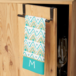 Teal Orange Boho Tribal Pattern Monogram Kitchen Towel