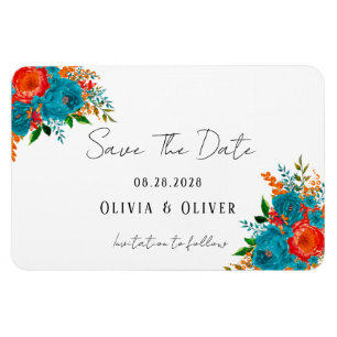 Teal Orange Botanical Floral Wedding Save The Date Magnet