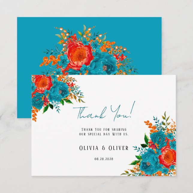Teal Orange Botanical Floral Wedding Thank You  Card (Front/Back)