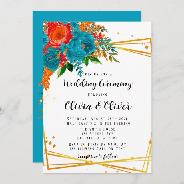 Teal Orange Botanical Florals Gold Wedding Invitation (Front/Back)